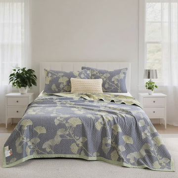 Trapunta reversibile in cotone naturale ispirata al ginkgo - Blu - Trapunta con 2 federe - Matrimoniale Extra Lungo - image 0