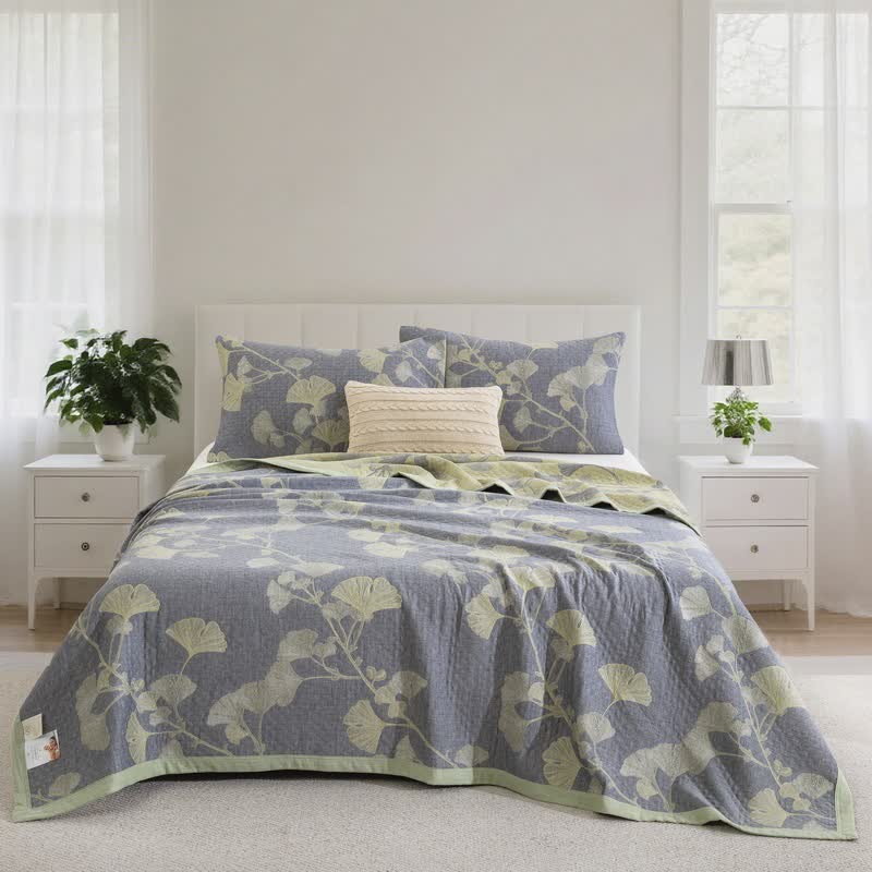 Trapunta reversibile in cotone naturale ispirata al ginkgo - Blu - Trapunta con 2 federe - Matrimoniale Extra Lungo - image 0