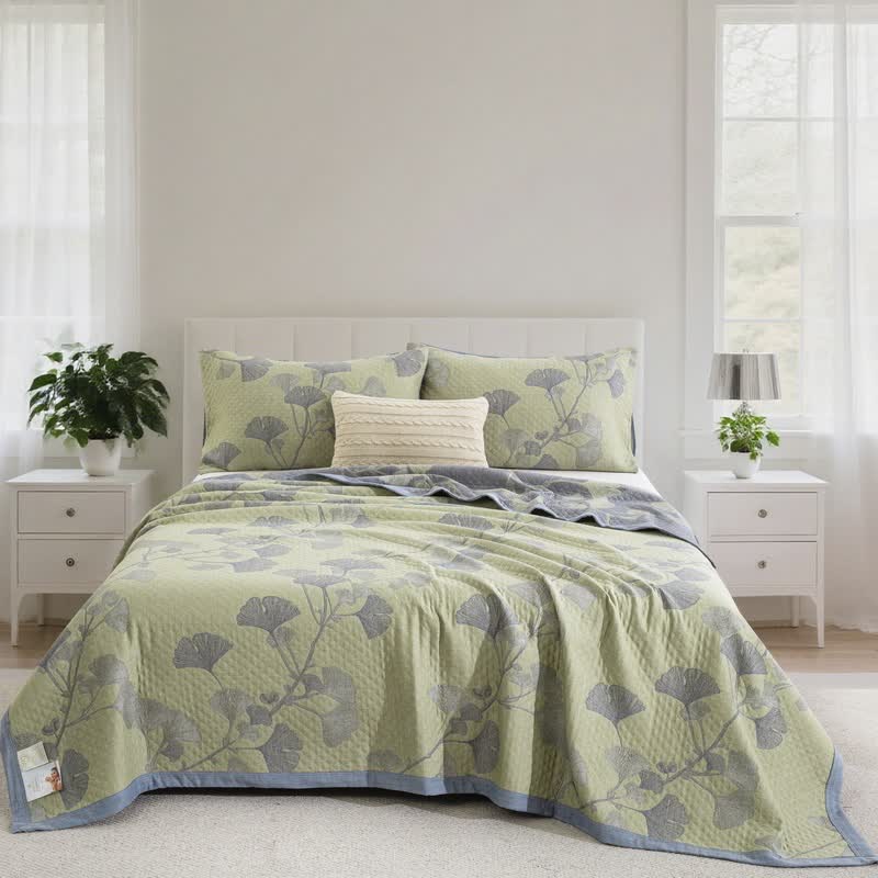 Trapunta reversibile in cotone naturale ispirata al ginkgo - Verde - Trapunta con 2 federe - Matrimoniale Extra Lungo - image 12