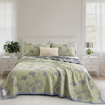 Trapunta reversibile in cotone naturale ispirata al ginkgo - Verde - Trapunta con 2 federe - Matrimoniale Extra Lungo - image 12