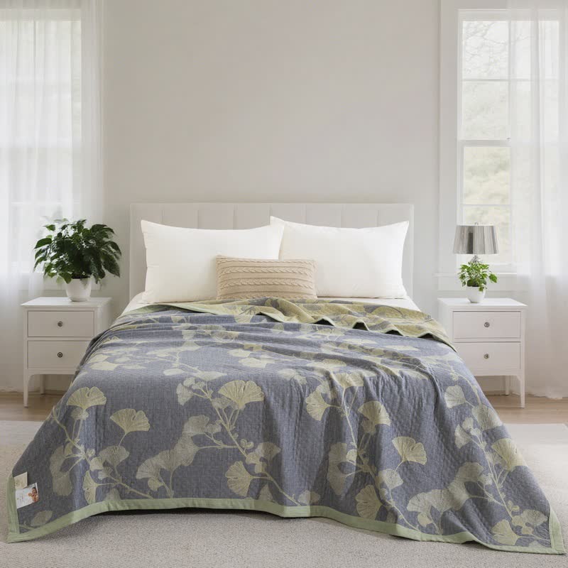 Trapunta reversibile in cotone naturale ispirata al ginkgo - Blu - Trapunta - Matrimoniale Extra Lungo - image 3