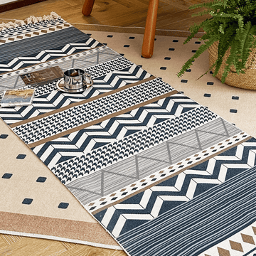 Tappetino funzionale in cotone e lino con nappa geometrica - 60cm x 180cm - image 0