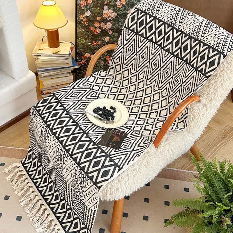 Moderno tappetino geometrico in cotone e lino con nappe - 60cm x 180cm - image 0