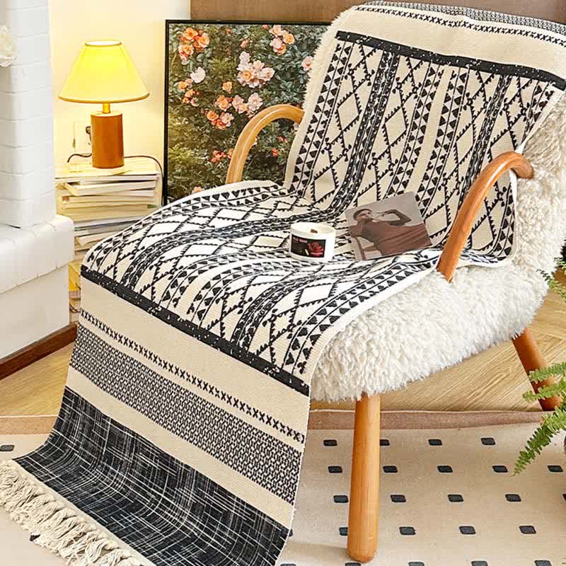 Tappetino in cotone e lino con nappe geometriche - 60cm x 180cm - image 0