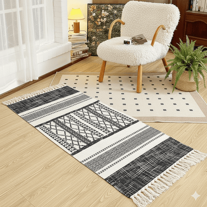 Tappetino in cotone e lino con nappe geometriche - image 1
