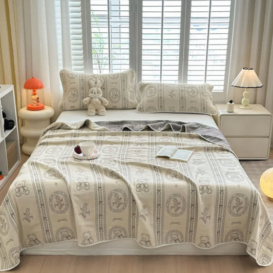 Trapunta in mussola di cotone a righe floreali con orsetto - 2 federe - 50cm x 80cm - image 0