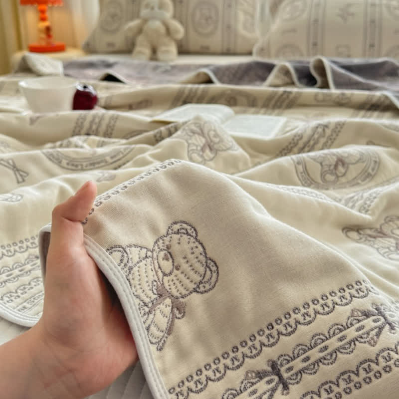 Trapunta in mussola di cotone a righe floreali con orsetto - image 4