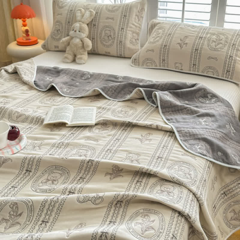 Trapunta in mussola di cotone a righe floreali con orsetto - image 2