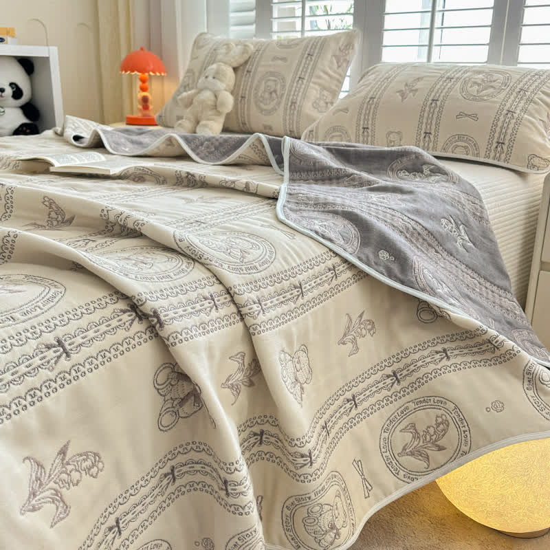 Trapunta in mussola di cotone a righe floreali con orsetto - image 1