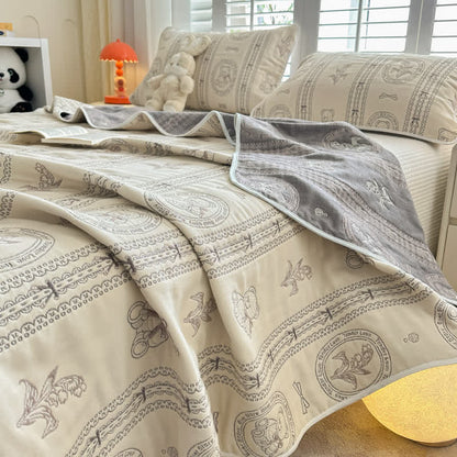 Trapunta in mussola di cotone a righe floreali con orsetto - image 1