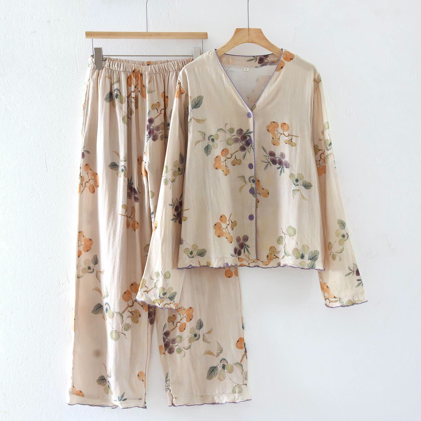 Completo da notte in garza di cotone con foglie e frutta - XL - image 0