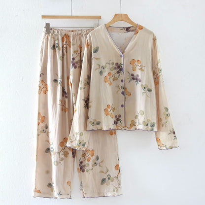 Completo da notte in garza di cotone con foglie e frutta - XL - image 0