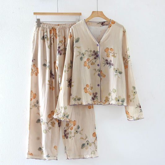 Completo da notte in garza di cotone con foglie e frutta - XL - image 0