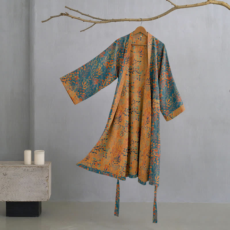 Kimono in garza di cotone con foglie vintage - Blu e arancione - 2XL - image 0