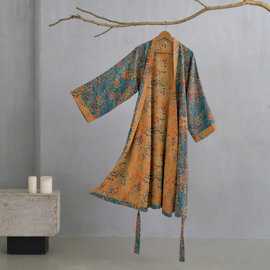Kimono in garza di cotone con foglie vintage - Blu e arancione - 2XL - image 0