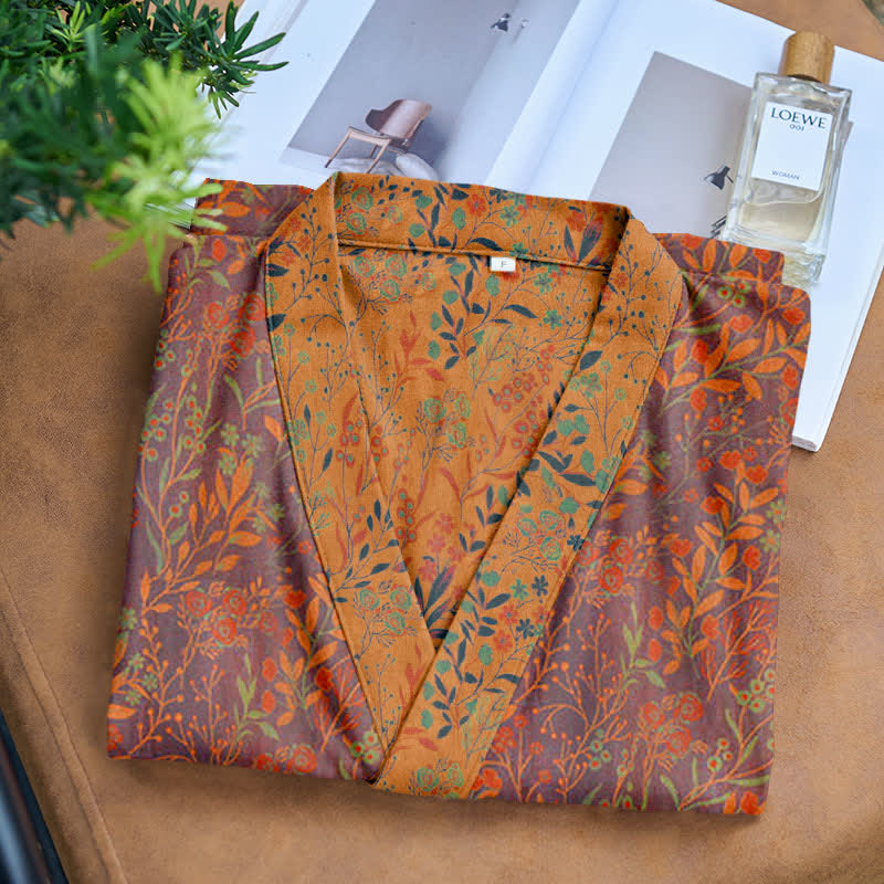 Kimono in garza di cotone con foglie vintage - image 6