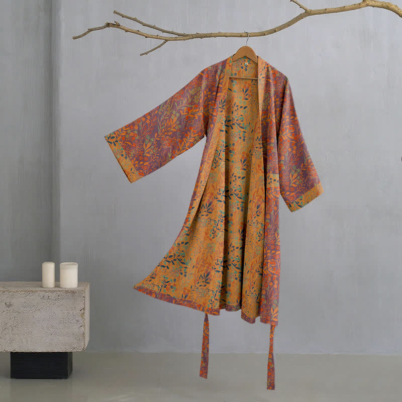 Kimono in garza di cotone con foglie vintage - Grigio e arancione - 2XL - image 5