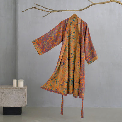 Kimono in garza di cotone con foglie vintage - Grigio e arancione - 2XL - image 5