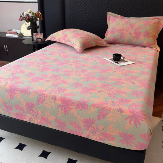 Lenzuolo con angoli in garza di cotone con motivo a foglie artistiche - Verde chiaro - Lenzuolo con angoli con 2 federe - Matrimoniale - image 0