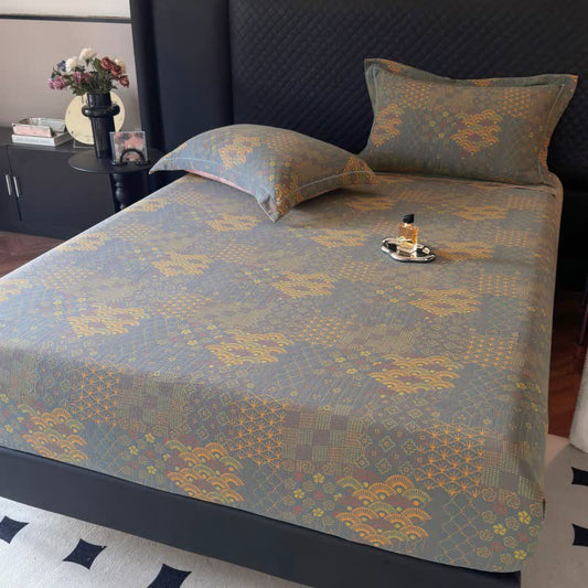 Lenzuolo con angoli in cotone con motivo a ventaglio retrò - Grigio Verde - Lenzuolo con angoli con 2 federe - Matrimoniale - image 0