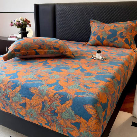 Lenzuolo con angoli in garza di cotone floreale Lily - Arancia - Lenzuolo con angoli con 2 federe - Matrimoniale - image 0