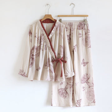 Completo da notte in cotone ispirato all'Hanfu con farfalle - XL - image 0