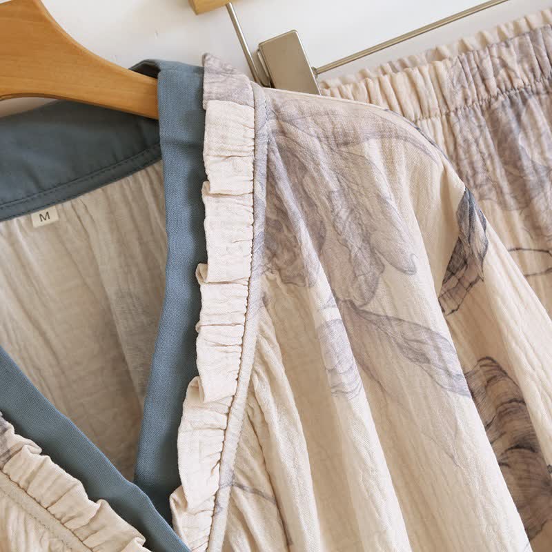 Completo da notte in cotone con motivo floreale e farfalle orientali - image 4