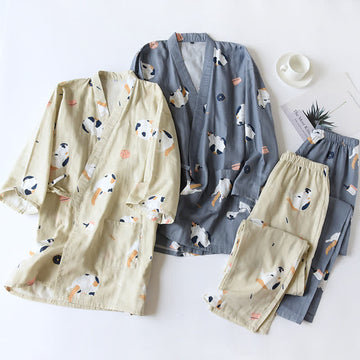 Kimono in garza di cotone con gatto abbinato - image 0
