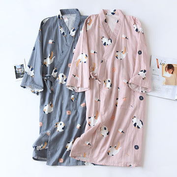 Accappatoio kimono in garza di cotone con gatto abbinato - image 0
