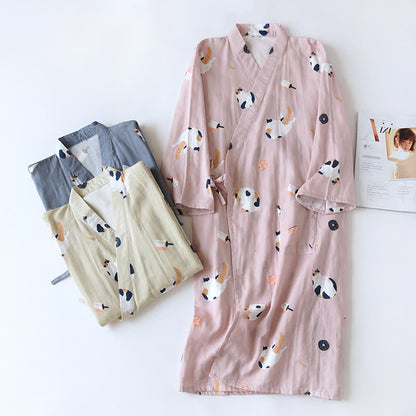 Accappatoio kimono in garza di cotone con gatto abbinato - image 1