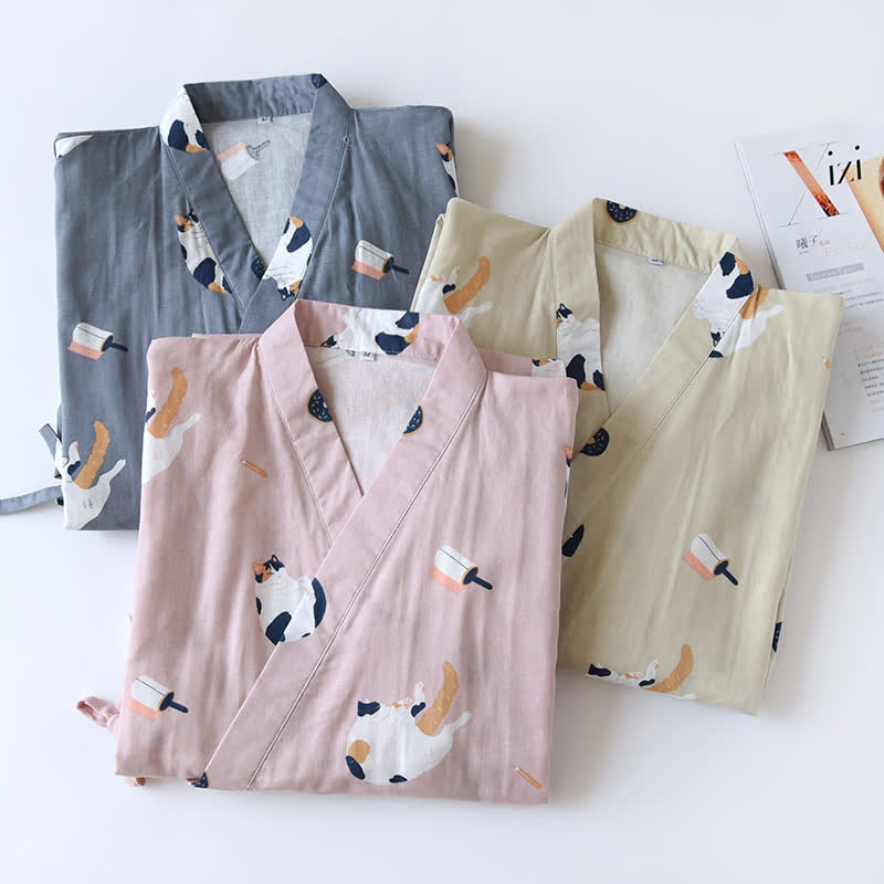 Accappatoio kimono in garza di cotone con gatto abbinato - image 2