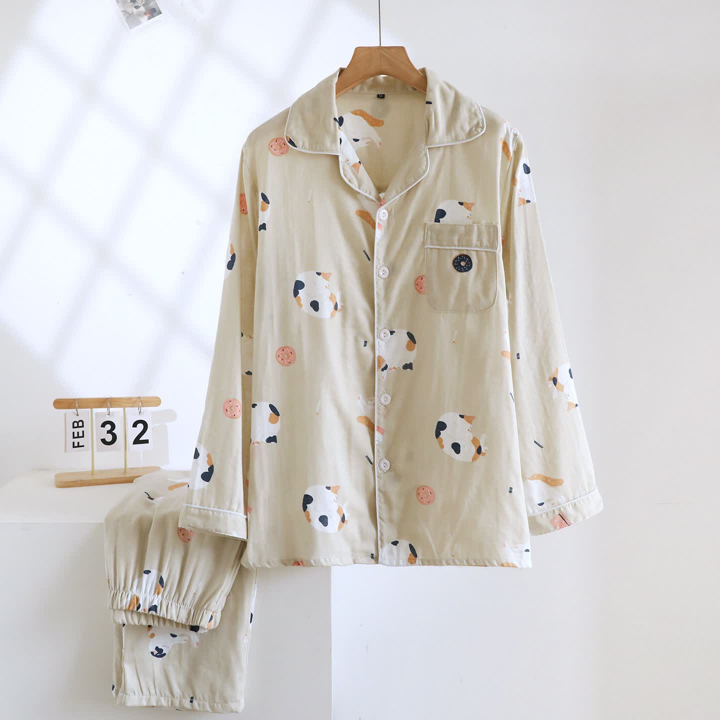 Completo da notte in cotone con gatto dei cartoni animati abbinato - Cachi - Uomini - XL - image 17