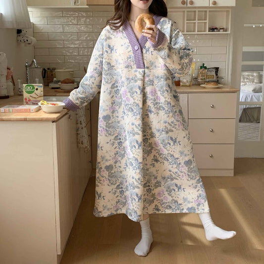 Camicia da notte rustica con scollo a V e stampa floreale - 2XL - image 0