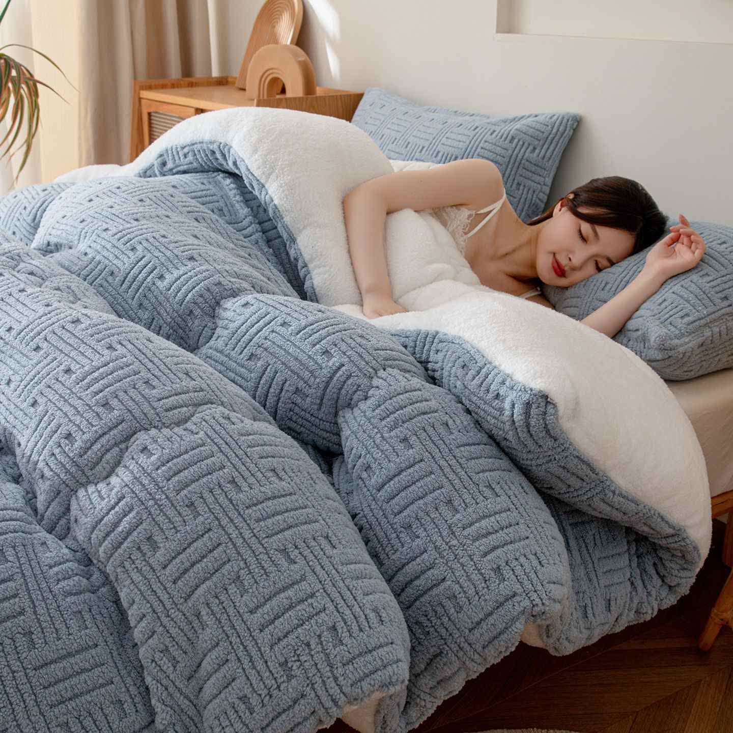 Coperta Sherpa testurizzata a righe geometriche - Grigio blu - Matrimoniale Grande - image 6