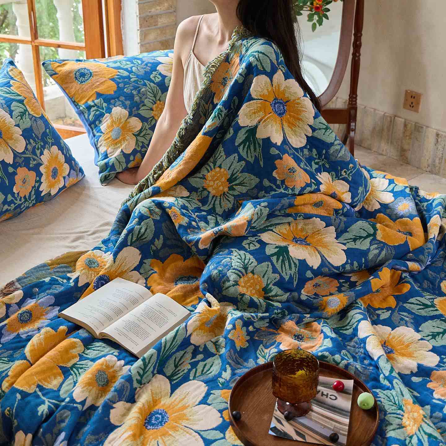 Coperta in garza di cotone con nappe Ownkoti Bright Daisy - image 4