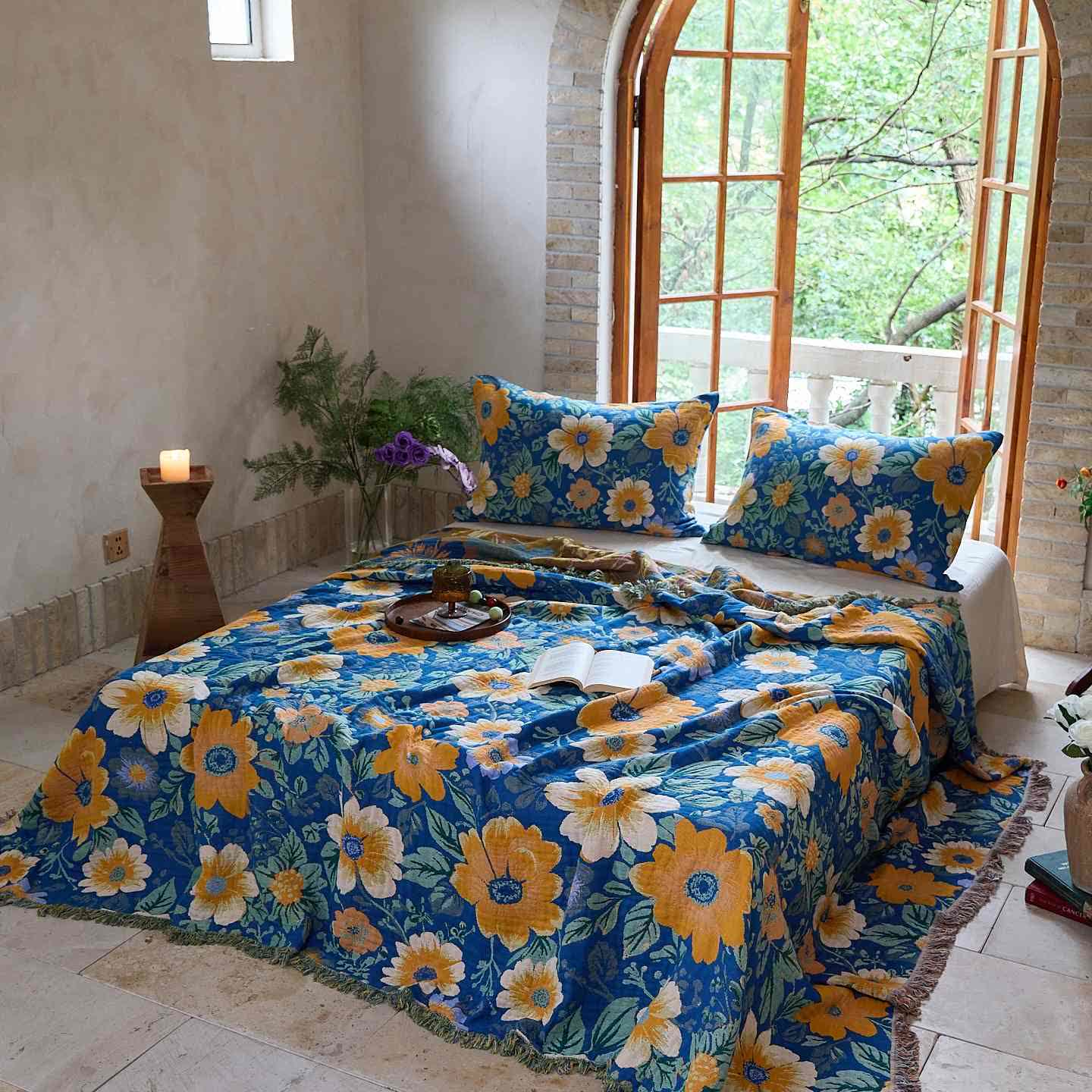 Coperta in garza di cotone con nappe Ownkoti Bright Daisy - image 1