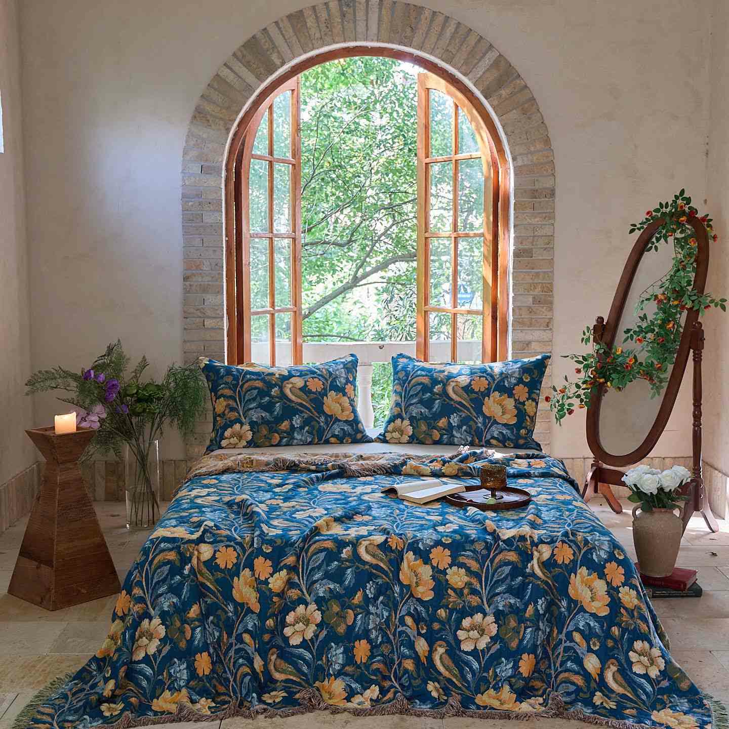 Coperta in cotone con nappa di uccelli floreali vivaci Ownkoti - 2 federe - 48cm x 74cm - image 0