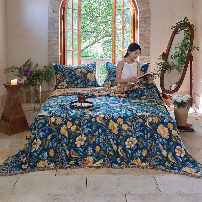 Coperta in cotone con nappa di uccelli floreali vivaci Ownkoti - image 3