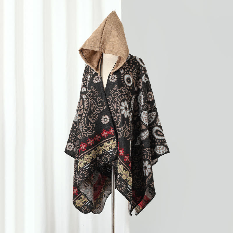 Mantella con cappuccio e scialle vintage Paisley - Nero e cammello - 135cm x 150cm - image 2