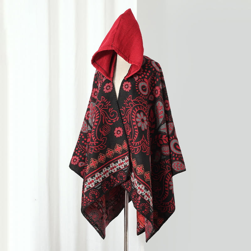 Mantella con cappuccio e scialle vintage Paisley - Nero e rosso - 135cm x 150cm - image 0