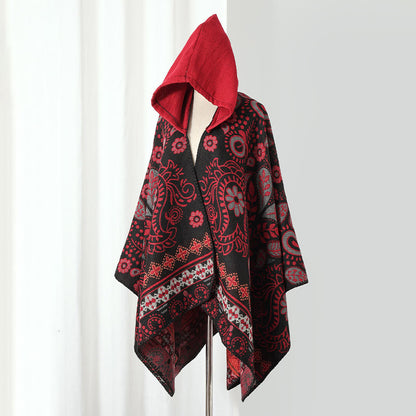 Mantella con cappuccio e scialle vintage Paisley - Nero e rosso - 135cm x 150cm - image 0