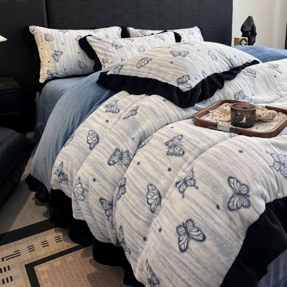 Set di biancheria da letto in peluche con volant a forma di farfalla Ownkoti (4 pezzi) - Blu - Matrimoniale Grande - image 11