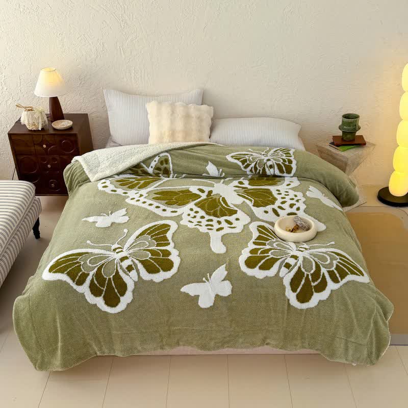 Coperta di peluche con stampa a farfalla ispirata alla natura Ownkoti - Verde - Matrimoniale - image 0