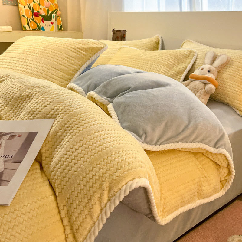 Set di biancheria da letto invernale in pile di lusso (4 pezzi) - Giallo crema e grigio - Copripiumino - Matrimoniale Grande - image 18