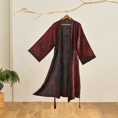 Grande kimono in cotone con foglie di ginkgo - Rosso e nero - 2XL - image 13