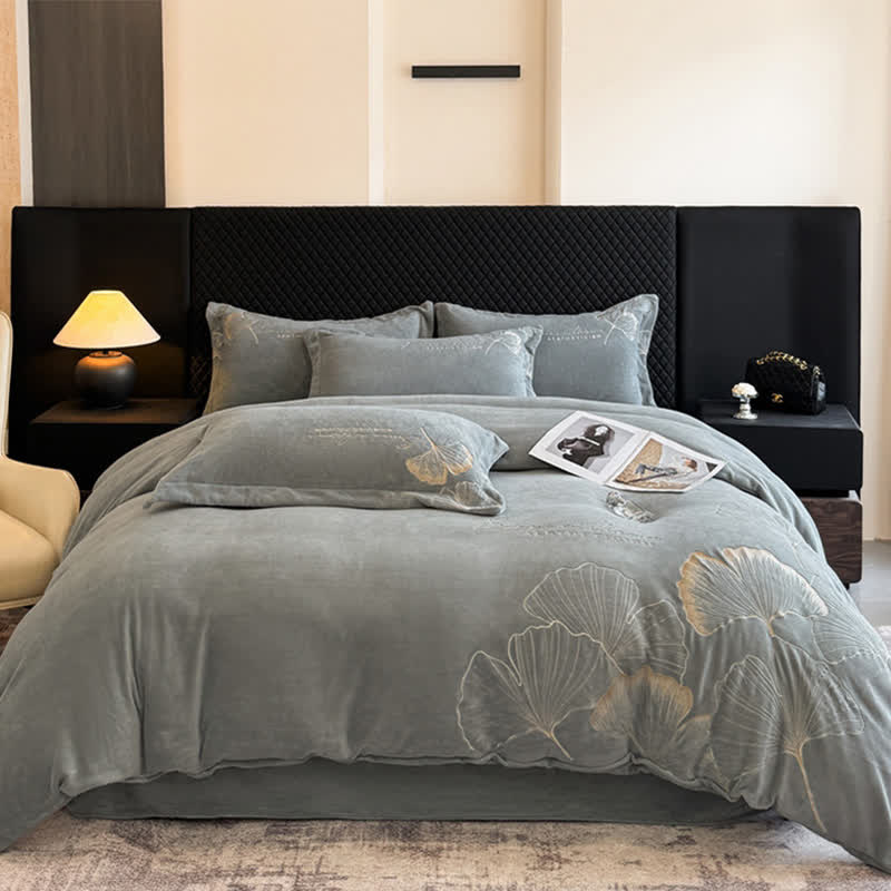 Set di biancheria da letto in peluche con foglie di ginkgo Ownkoti (4 pezzi) - Grigio - Matrimoniale Grande - image 11