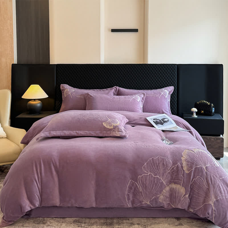 Set di biancheria da letto in peluche con foglie di ginkgo Ownkoti (4 pezzi) - Viola - Matrimoniale Grande - image 5