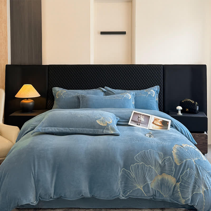 Set di biancheria da letto in peluche con foglie di ginkgo Ownkoti (4 pezzi) - Blu - Matrimoniale Grande - image 7