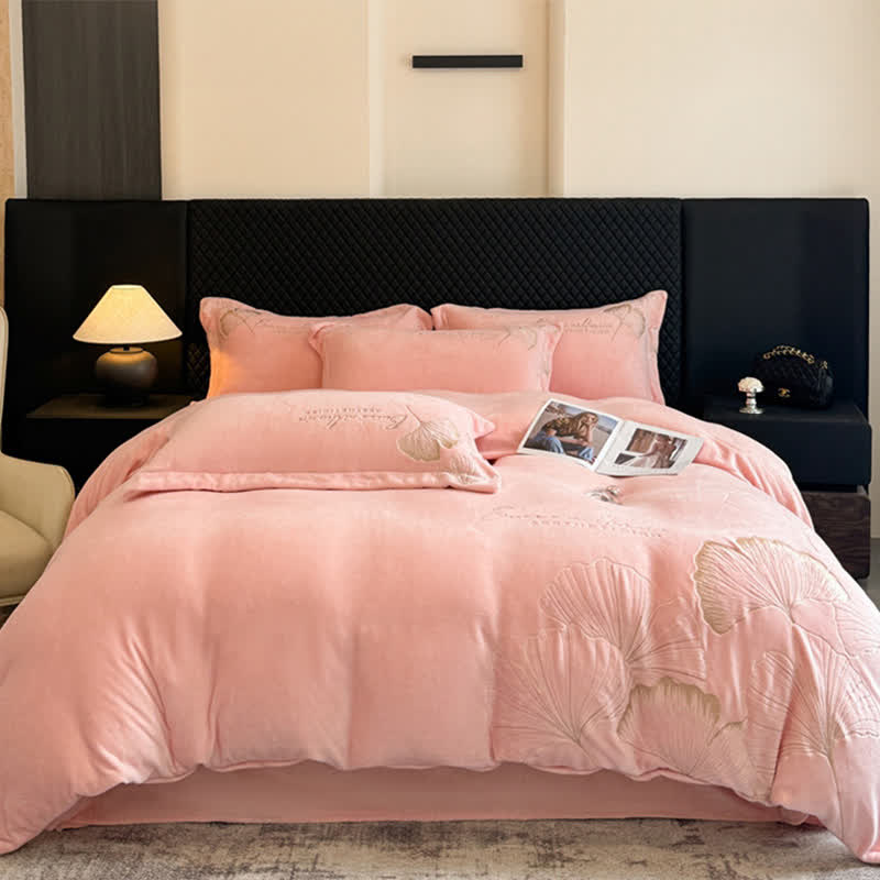 Set di biancheria da letto in peluche con foglie di ginkgo Ownkoti (4 pezzi) - Rosa - Matrimoniale Grande - image 9