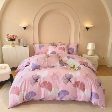 Biancheria da letto in cotone spazzolato rosa con foglie di ginkgo Ownkoti - Set di biancheria da letto - Matrimoniale Grande - image 0